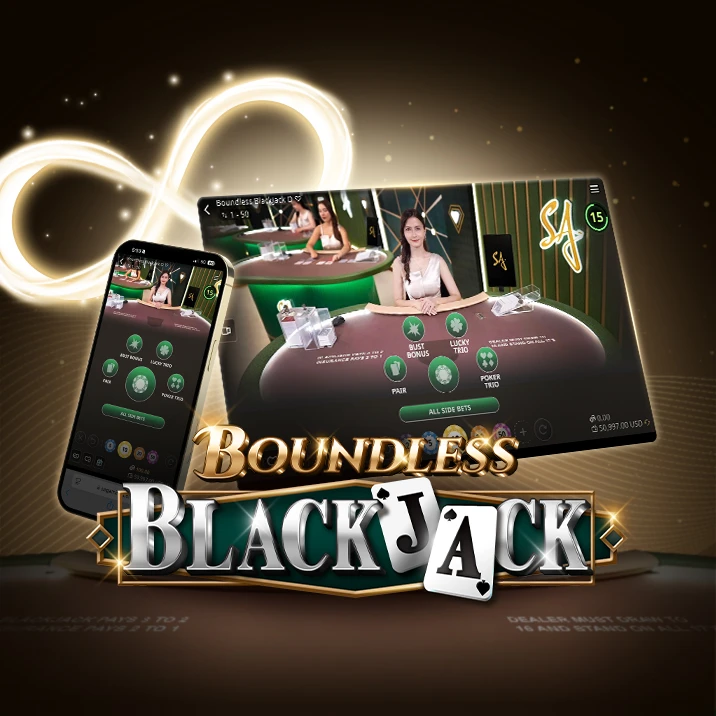 Boundless Blackjack game interface, showing a mobile and tablet view, featuring cards, glowing infinity sign, a table setup